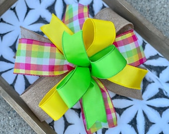 Bright Summer bow, yellow bow, wreath bow, colorful checked bow, spring bow, door hanger bow, everyday bow, pretty bow, wreath embellishment