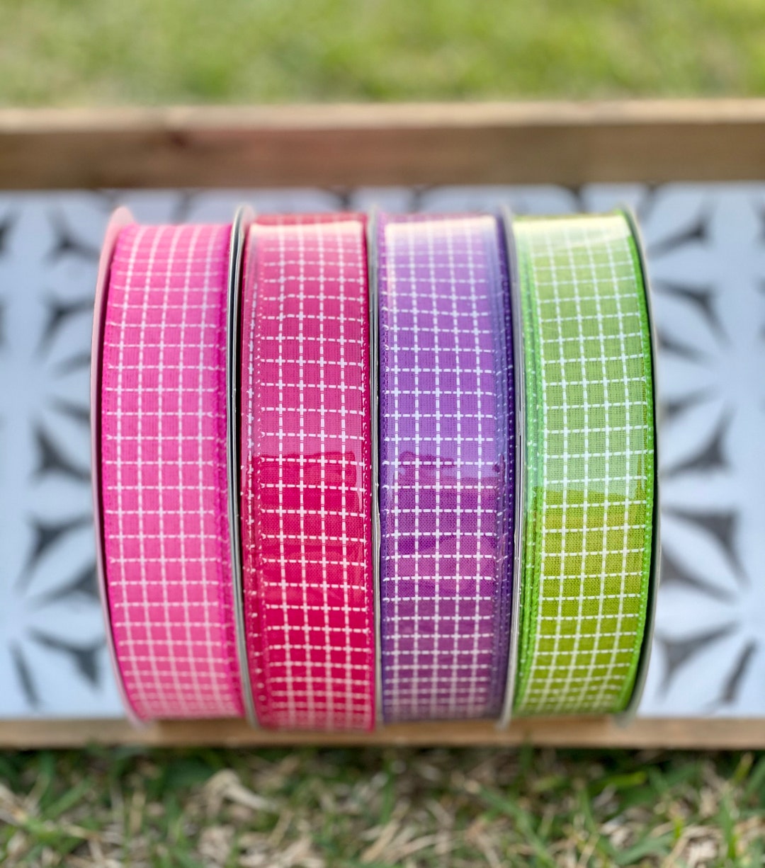 Canvas Wired Ribbons With White Raised Stitch, Light Pink, Dark Pink ...
