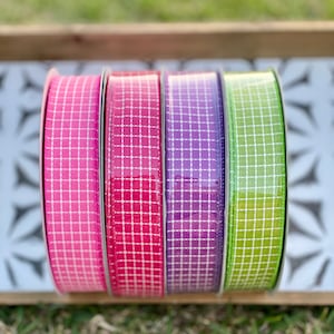 Canvas Wired Ribbons with White Raised Stitch, Light Pink, Dark Pink, Purple and Green 1.5 inch 10 Yards 8.00