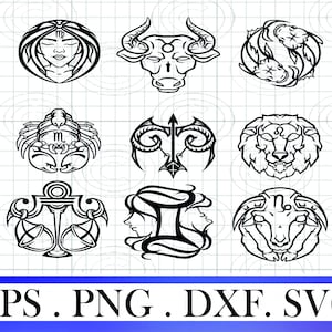 Sterrenbeelden bundel SVG PNG, Maagd SVG, Stier SVG, Schorpioen SVG, Boogschutter SVG, Vissen SVG, Leeuw SVG, Gagini SVG, Steenbok SVG voor cricut