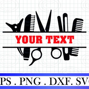 May include: Black and white silhouette of hairdressing tools, including scissors, combs, and razors, with the text "YOUR TEXT" in red letters.
