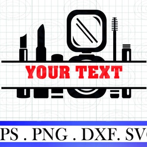 Peut inclure: Silhouette noire et blanche d'articles de maquillage, dont du rouge à lèvres, du mascara et un miroir avec le texte "YOUR TEXT" en rouge.