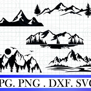 Peut inclure: Un ensemble de cinq silhouettes de chaînes de montagnes noires et blanches. Les motifs comprennent des montagnes avec des sommets, des arbres et un lac.