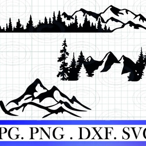 Peut inclure: Trois images en silhouette noire et blanche de chaînes de montagnes avec des arbres. La première image montre une chaîne de montagnes avec des arbres au premier plan. La deuxième image montre une chaîne de montagnes avec des arbres de chaque côté. La troisième image montre une seule chaîne de montagnes.