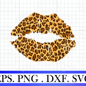 Puede incluir: Gráfico de labios con estampado de leopardo en tonos marrón y beige. La imagen está sobre un fondo blanco con un patrón de cuadrícula. El texto "EPS. PNG. DXF. SVG" se muestra en un banner azul en la parte inferior.