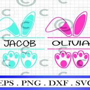 Peut inclure: Deux motifs d'oreilles de lapin avec des empreintes de pattes en dessous. Les oreilles de lapin à gauche sont bleu clair et le nom "JACOB" est écrit en dessous. Les oreilles de lapin à droite sont roses et le nom "OLIVIA" est écrit en dessous.