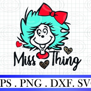 Könnte beinhalten: Eine grüne und blaue Comicfigur mit roten Haaren und einer Schleife. Die Figur trägt einen roten Kragen und darunter steht der Text "Miss Thing".