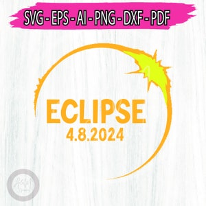 May include: A graphic design featuring a yellow sun with a bright yellow starburst, partially eclipsed by a large orange circle. The text "ECLIPSE 4.8.2024" is written in orange letters inside the circle.