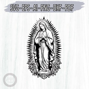 Matka Jezusa SVG, Róża z Dziewicą Maryją SVG, Dziewica Maryja SVG Czarno-białe wydruki Digital Download