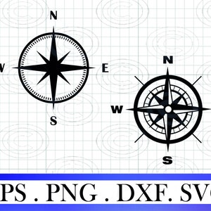 Könnte beinhalten: Zwei schwarze Kompass-Designs mit den Himmelsrichtungen N, S, O und W. Die Kompass-Designs befinden sich auf einem weißen Gitterhintergrund.