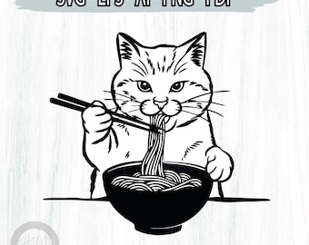 Cat Japanese Noodle svg png, Retro Cat Tees, Cat Lover Sweatshirts, Black Cat Tee png, Black Cat Noodle T-Shirts, Sublimation Design