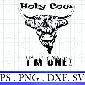 Holy Cow Im One SVG, I'm One shirt png, birthday shirt svg , Highland cow svg, one Year Old Birthday Svg, sublimation eps png svg cut file