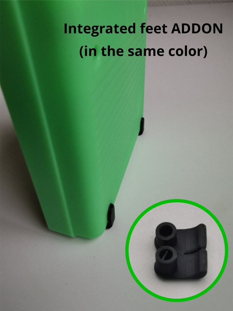 May include: A close-up of a bright green plastic object with integrated black feet. The text "Integrated feet ADDON (in the same color)" is visible. A detached black foot is shown in a green circle.