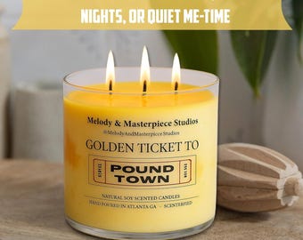 Scented Candle Jar (14.5oz) –Natural Soy Wax Candle Jar with Lid –35 Hours Burn Time – Decks  Indoor - (One Way Golden Ticket to Pound Town)