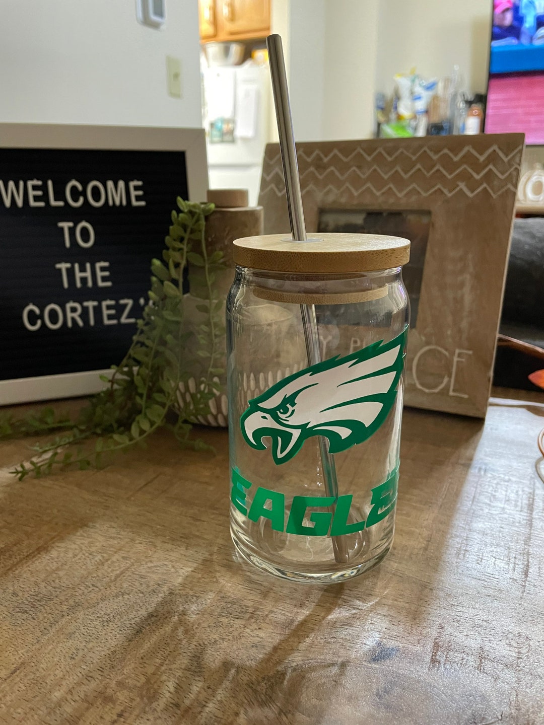 Eagles Glass Beer Can Cup With Bamboo Lid and Metal Straw/eagles Sports
