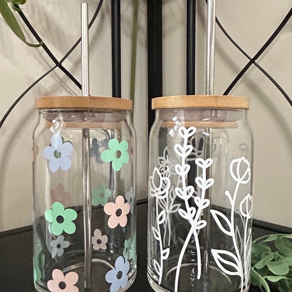 MULTI-ITEM LISTING - Flowers/ bouquet/ retro flowers glass beer can cup with bamboo lid and metal straw/ glass beer can cup/ tumbler