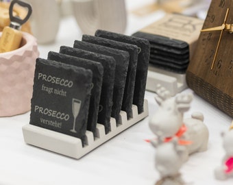 Slate glass coasters with funny "Prosecco" sayings
