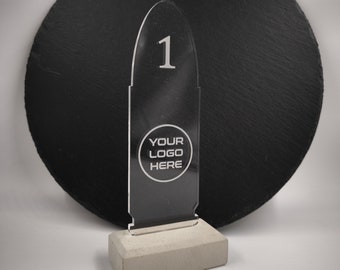 Exclusive trophy with LED lighting in the shape of a 9 mm cartridge - individual engraving for sports shooting clubs