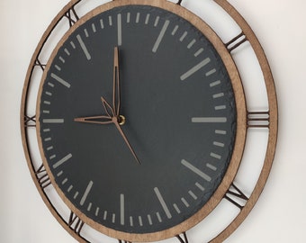 Slate clock with wooden frame 45 cm "Roman Serenity" - with real wood hands - Silent