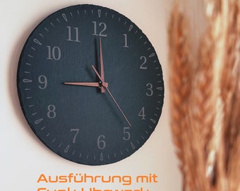 Funk Wanduhr aus Schiefer – Minimalistische Design Uhr mit Echtholz Zeigern, moderne Wohnraum Deko