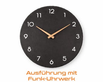 Slate wall clock, radio controlled – milled & hand-painted numbers – wooden hands – handmade natural stone clock
