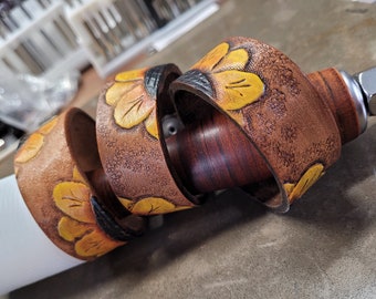 Ogallala Bound, wide leather bracelet, hand stamped leather, sunflowers, boho western chic