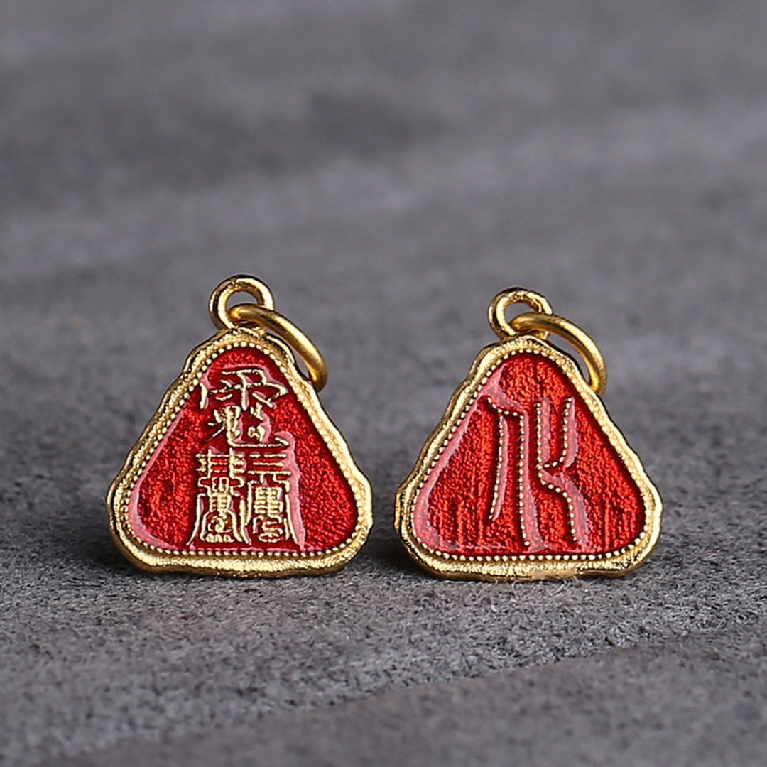 2 Pcs Taoist Runes Pattern Triangle Shape Gild Sterling Silver Enamel ...