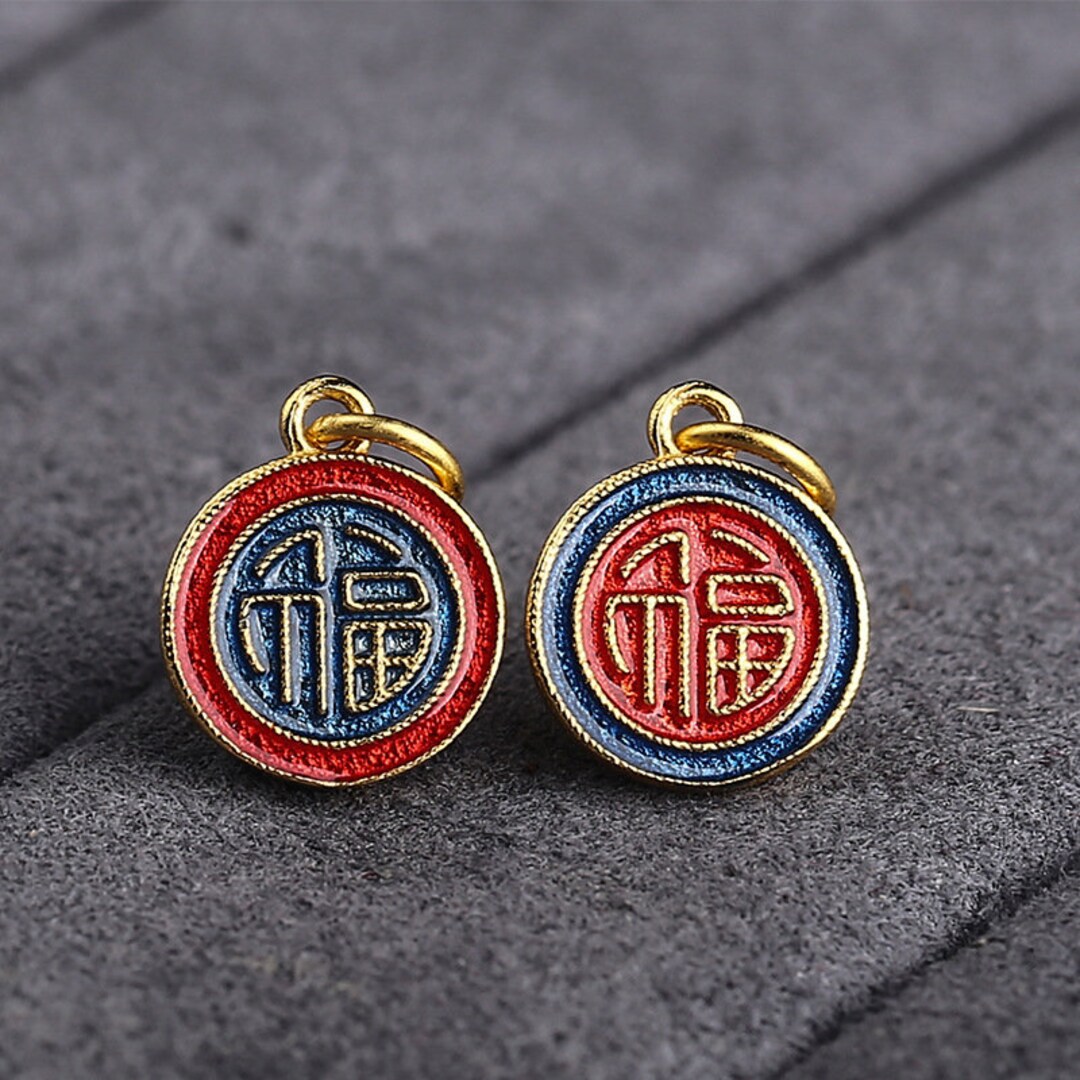 5 Pcs / 10 Pcs Red and Blue Enamel 福 Pattern Round Shape S925 Sterling ...