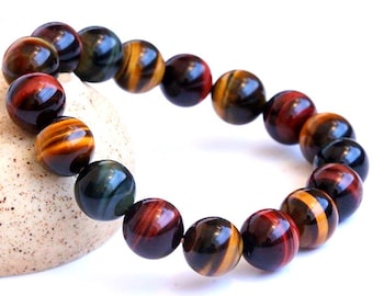 7A multi colors genuine natural tiger’s eye bracelet, 6 – 18mm round shape beaded bracelet