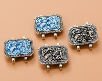 double lions pattern rectangle shape cloisonne s925 sterling silver bracelet clasp