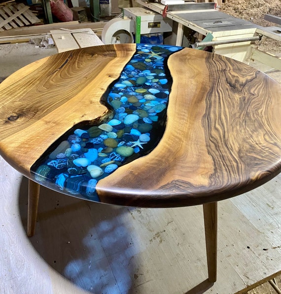 Pebble Decor Table, Walnut Table,epoxy Coffee Table, Epoxy Table, Resin  Table, Unique Coffee Table, Coffee Table, Epoxy Round Table 