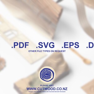 May include: A white background with a blue circle logo with the letter C in the center. The text below the logo reads "PLEASE VISIT WWW.CUTWOOD.CO.NZ FOR EXCLUSIVE DESIGNS, LASER & CNC FILES AND DISCOUNT PACKAGES". Above the logo, the text reads ".Ai .PDF .SVG .EPS .DXF OTHER FILE TYPES ON REQUEST".