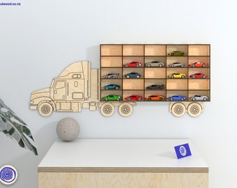 May include: Wooden toy truck with a trailer that has shelves for storing toy cars. The truck is painted in a natural wood color and has a black cab. The trailer has 18 shelves, each with a different colored toy car. The shelves are arranged in a grid pattern.