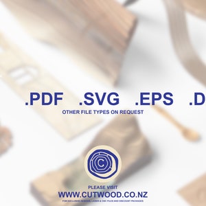 Puede incluir: Un fondo blanco con un logotipo circular azul con la letra "C" en su interior. El texto "PLEASE VISIT WWW.CUTWOOD.CO.NZ FOR EXCLUSIVE DESIGNS LASER & CNC FILES AND DISCOUNT PACKAGES" est&aacute; debajo del logotipo. El texto ".Ai .PDF .SVG .EPS .DXF OTHER FILE TYPES ON REQUEST" est&aacute; encima del logotipo.