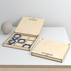 Tic tac toe board game, portable noughts and crosses game in wooden box case - Glowforge - Laser cut files - SVG