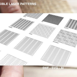 Puede incluir: Una hoja de papel con 12 patrones de corte l&aacute;ser diferentes, etiquetados con nombres como "Diamond", "Fabric" y "Geodesic". El texto "DXF - SVG - Ai" est&aacute; en la parte inferior de la p&aacute;gina.