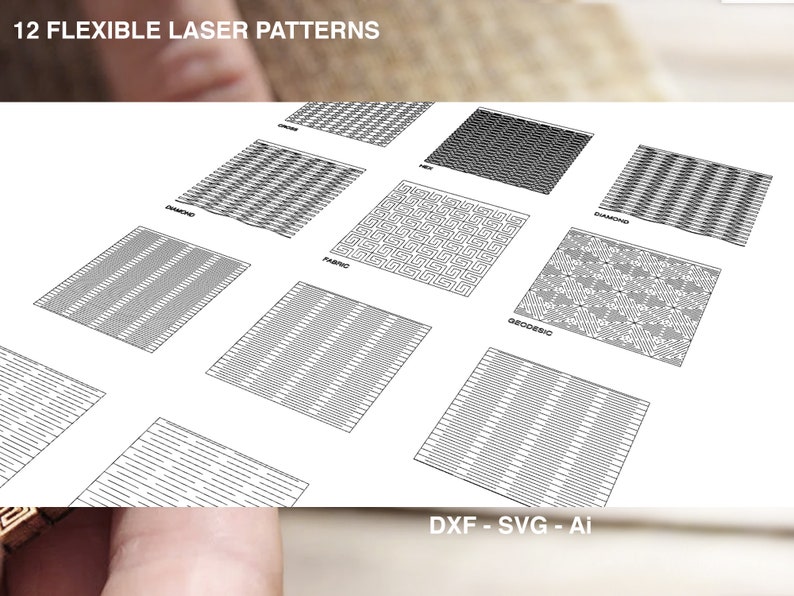Puede incluir: Una hoja de papel con 12 patrones de corte l&aacute;ser diferentes, etiquetados con nombres como "Diamond", "Fabric" y "Geodesic". El texto "DXF - SVG - Ai" est&aacute; en la parte inferior de la p&aacute;gina.