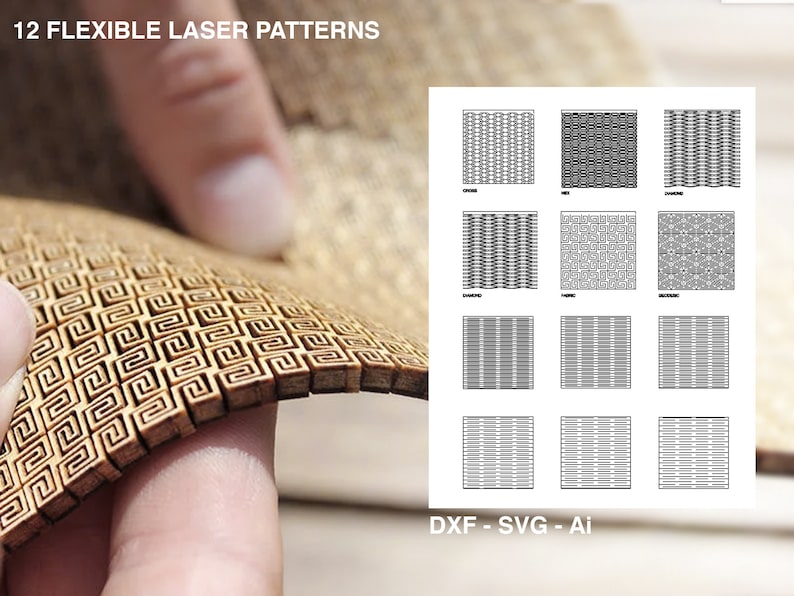Puede incluir: Primer plano de una mano sosteniendo un panel de madera flexible con un patr&oacute;n geom&eacute;trico. El panel est&aacute; hecho de finas tiras de madera que se cortan con l&aacute;ser para crear el patr&oacute;n. El panel es flexible y se puede doblar en diferentes formas. La imagen tambi&eacute;n muestra una cuadr&iacute;cula de 12 patrones diferentes cortados con l&aacute;ser, etiquetados como "DXF - SVG - Ai".