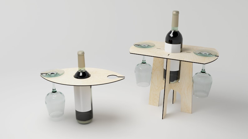 May include: Two wooden wine tables, one round and one rectangular, each with a hole for a wine bottle. The round table has a single wine glass hanging from it. The rectangular table has two wine glasses hanging from it.