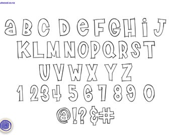 May include: Black and white hand-drawn alphabet with uppercase letters, numbers, and symbols. The letters are in a bold, rounded font.