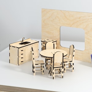 Laser Cut Dollhouse Furniture Kit: Kitchen & Dining Set (Digital File)
