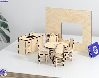 Laser Cut Dollhouse Furniture Kit: Kitchen & Dining Set (Digital File)