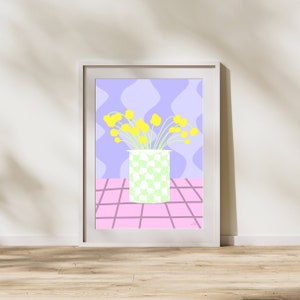 Checkered vase with yellow flowers, bright coloured floral print, bright vase, pink, green purple, yellow print, flower print, graphic print