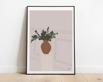 Eucalyptus branches in vase column home decor graphic print wall art, floral print, set of three prints, three piece set