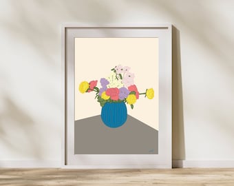 Botanic Floral Wall Art, flower art, colourful vase with flowers, blue vase and flowers