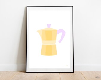 Yellow espresso wall art print, Italian coffee maker print, coffee Italy yellow, coffee art