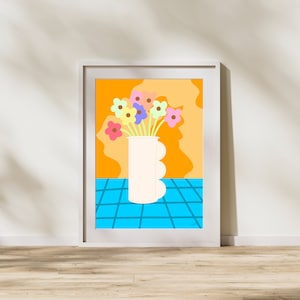 Flourish, digital art, colourful flowers in vase, bright floral print, orange, blue, colourful floral print, bright vase, flower print