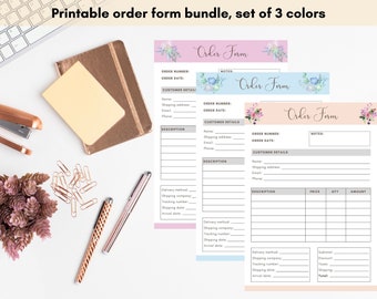 May include: Printable order form bundle in pink, blue, and peach colors with floral accents. The forms include sections for order number, date, customer details, description, price, quantity, and amount.