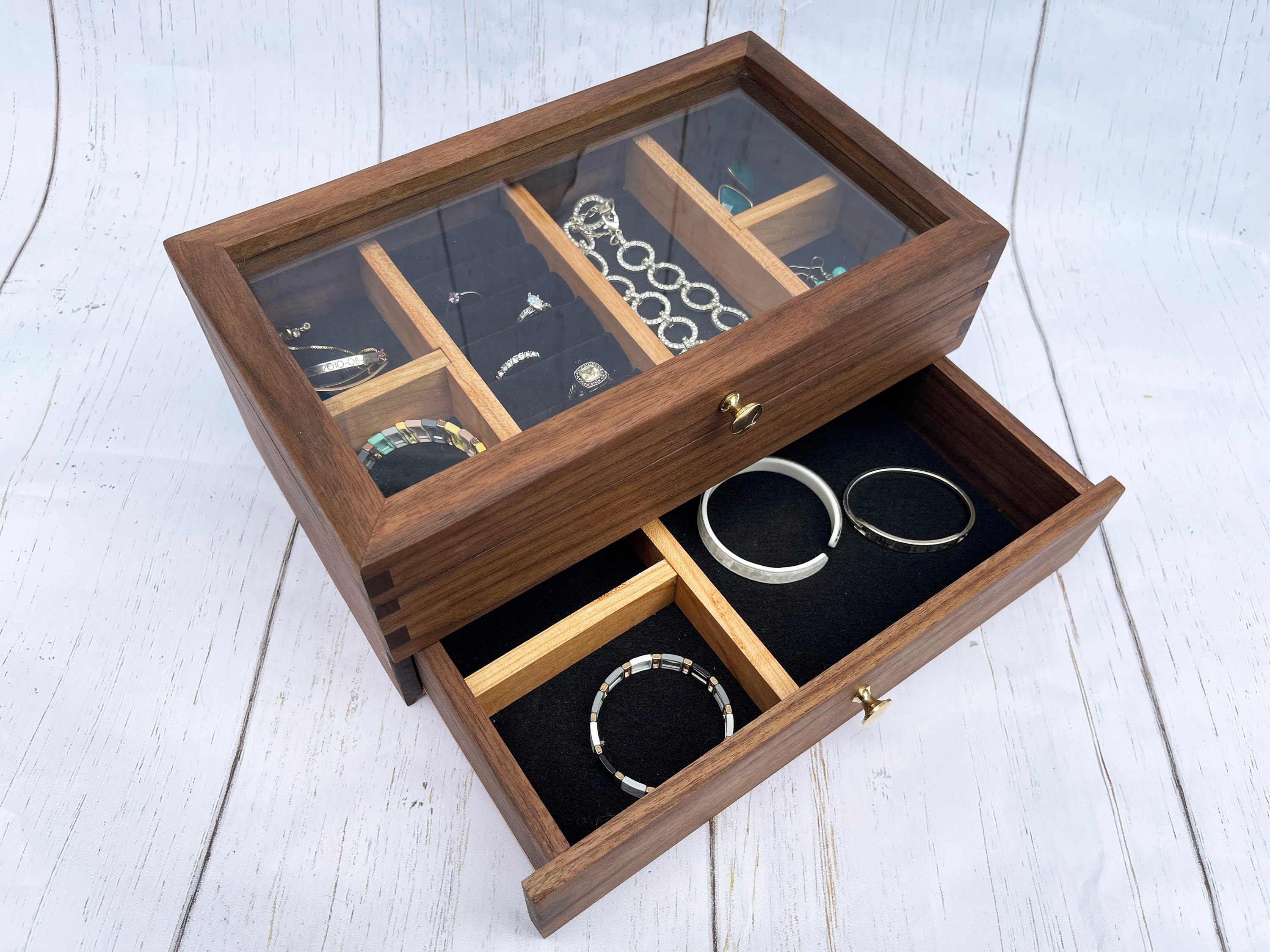Fine Walnut Jewelry Box With Brass Handles Glass Top and Etsy UK