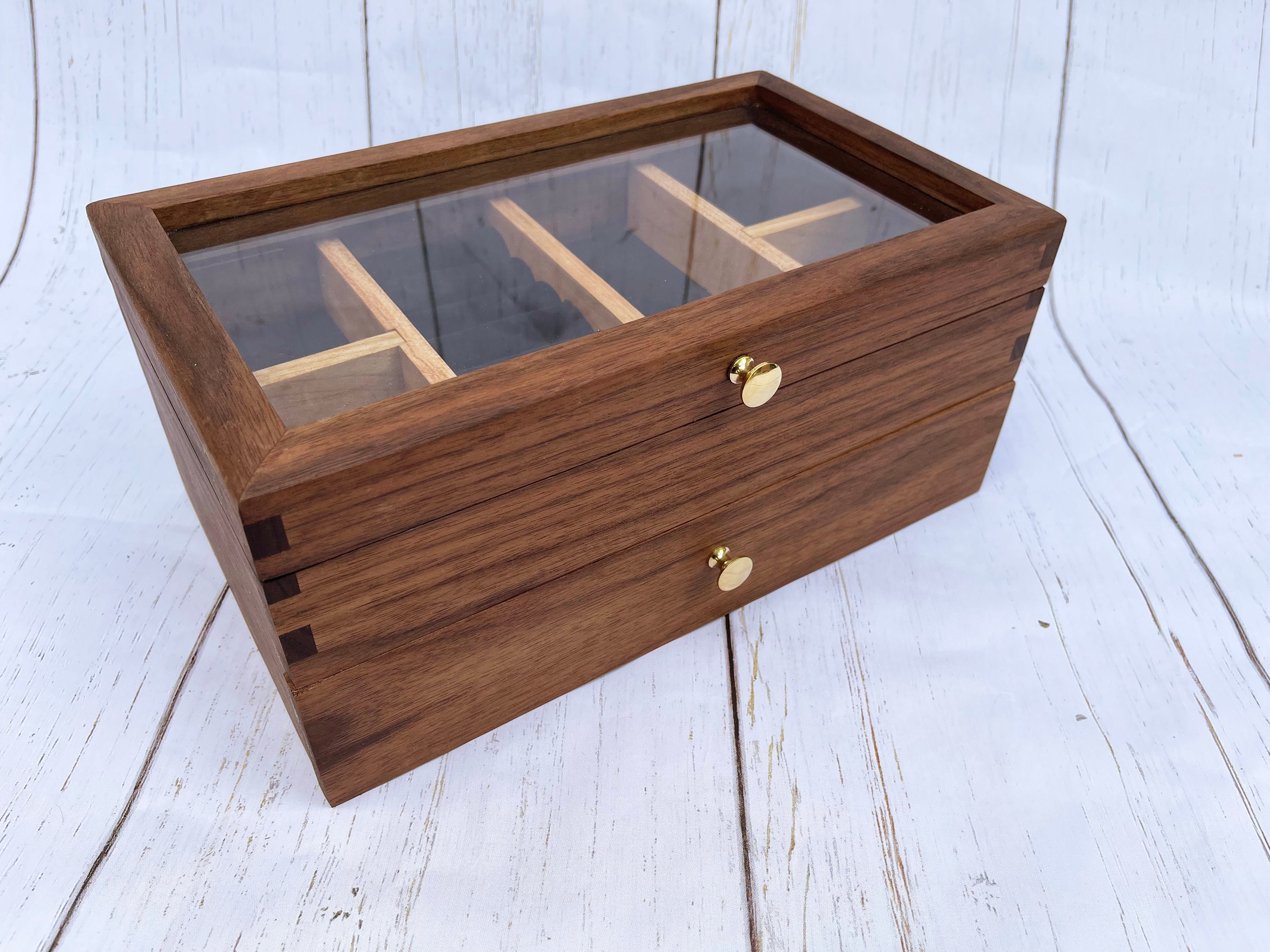 Fine Walnut Jewelry Box With Brass Handles Glass Top and Etsy UK